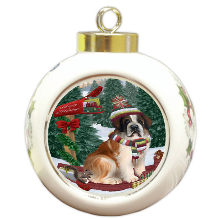 Merry Christmas Woodland Sled Saint Bernard Dog Round Ball Christmas Ornament RBPOR55372