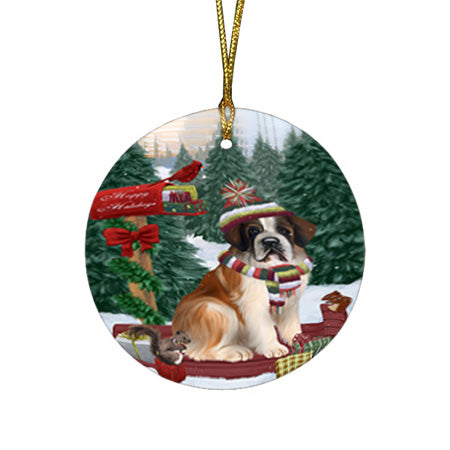 Merry Christmas Woodland Sled Saint Bernard Dog Round Flat Christmas Ornament RFPOR55372