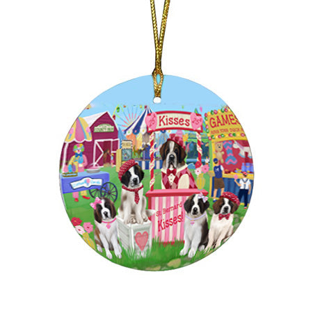 Carnival Kissing Booth Saint Bernard Dogs Round Flat Christmas Ornament RFPOR56396