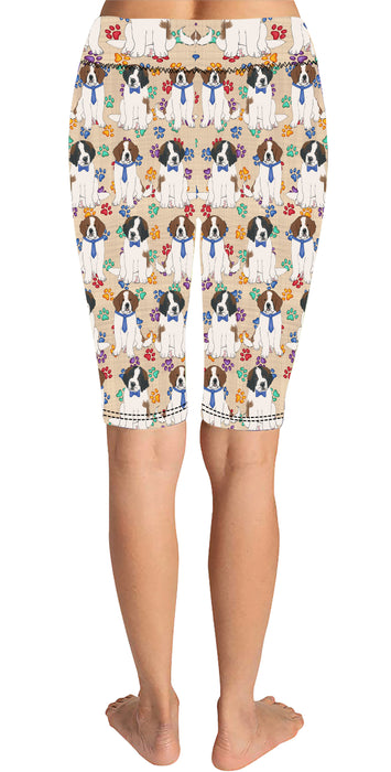 Rainbow Paw Print Saint Bernard Dogs Blue Knee Length Leggings