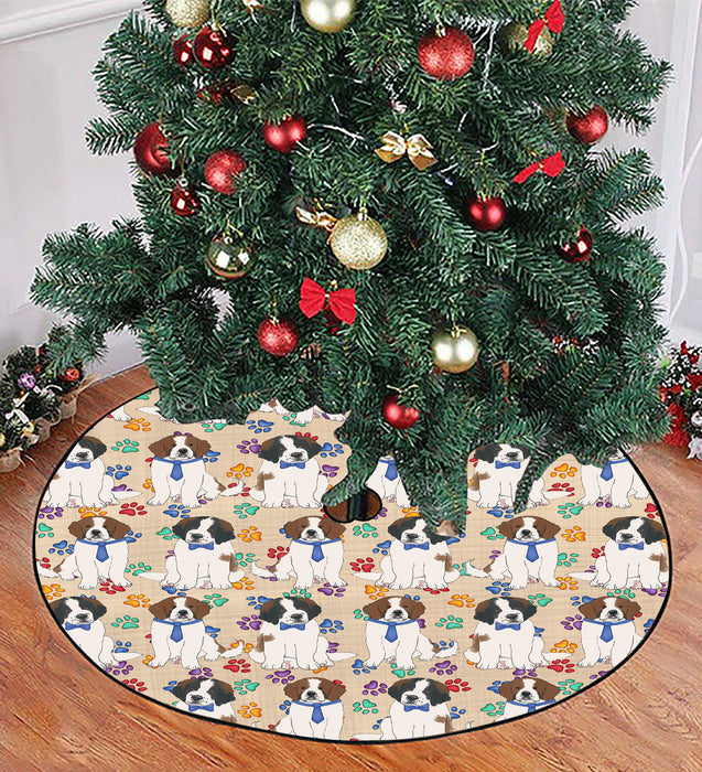 Rainbow Paw Print Saint Bernard Dogs Blue Christmas Tree Skirt