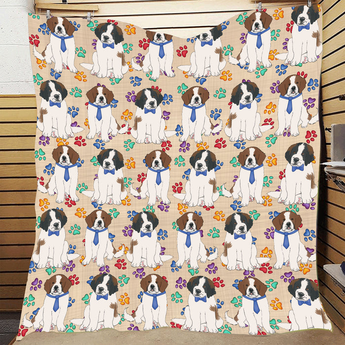 Rainbow Paw Print Saint Bernard Dogs Blue Quilt