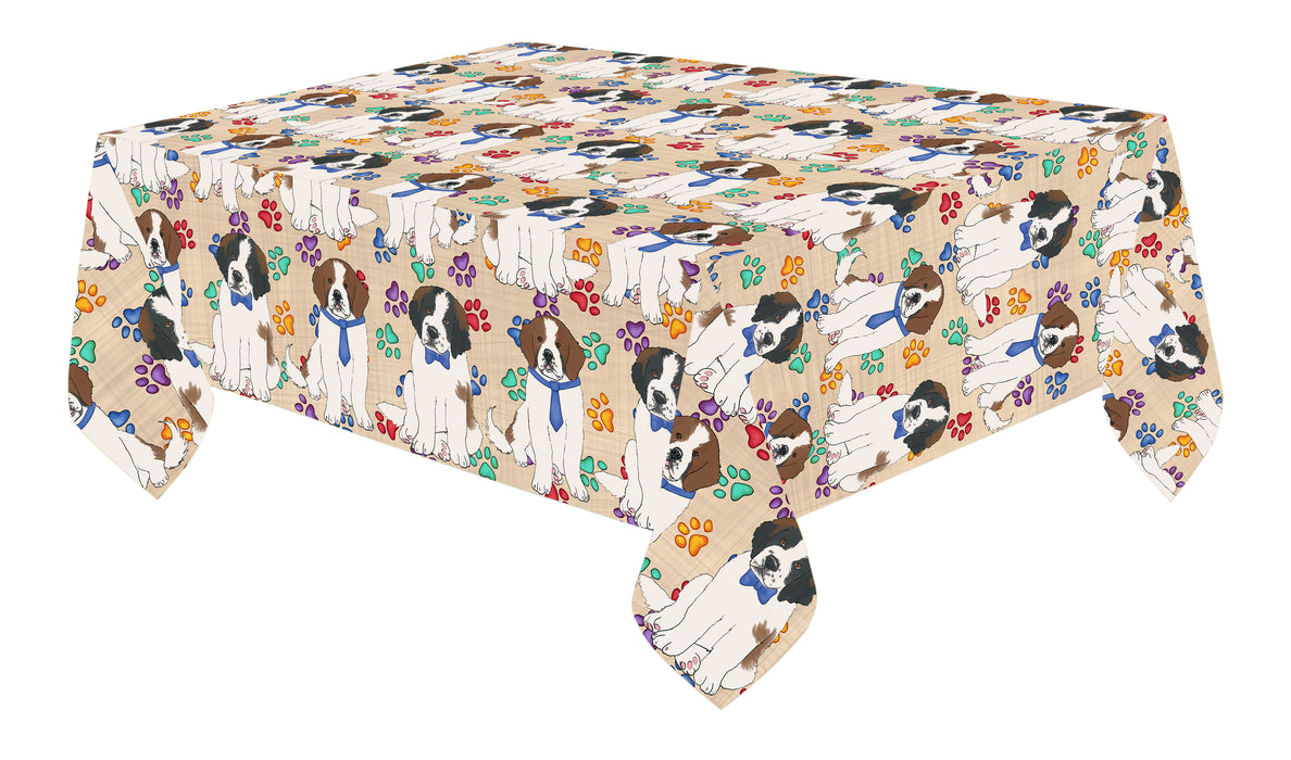 Rainbow Paw Print Saint Bernard Dogs Blue Cotton Linen Tablecloth