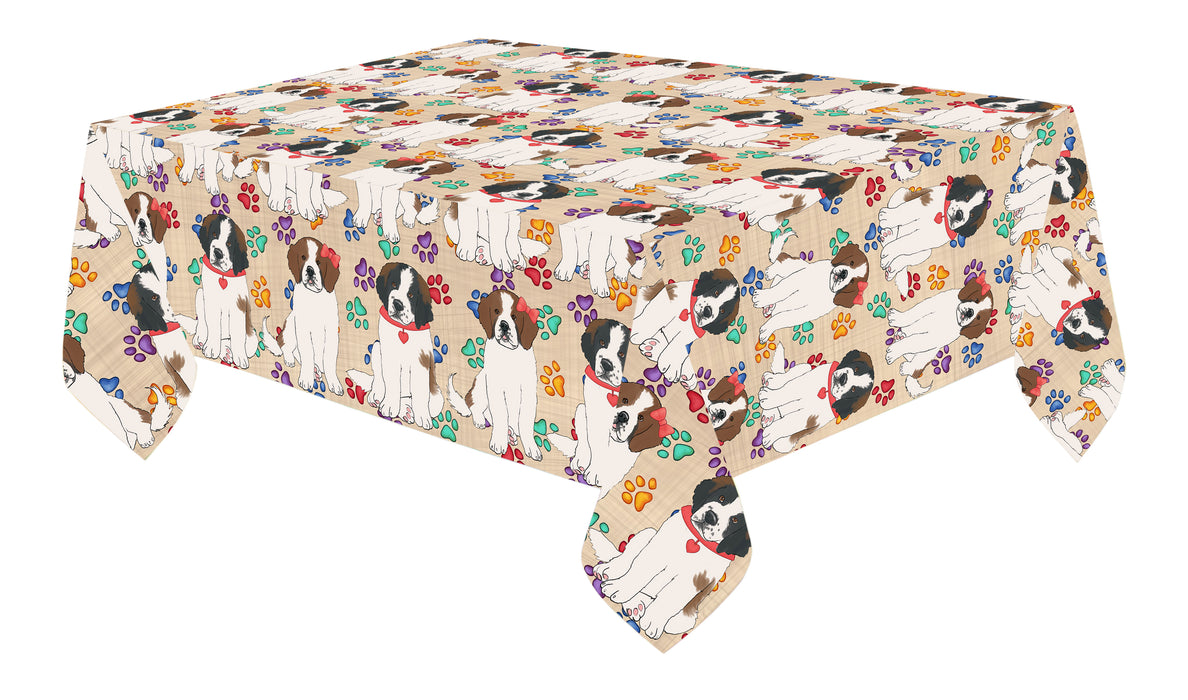 Rainbow Paw Print Saint Bernard Dogs Red Cotton Linen Tablecloth