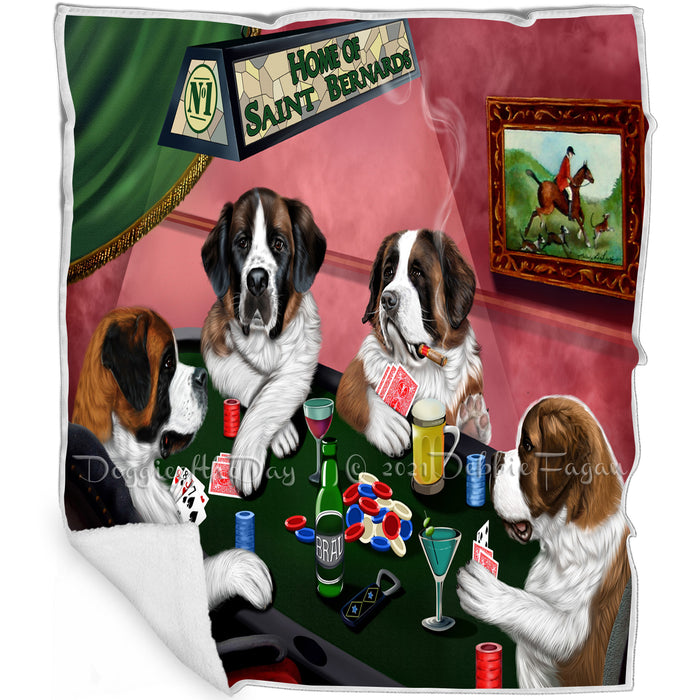 Home of Saint Bernard 4 Dogs Playing Poker Blanket