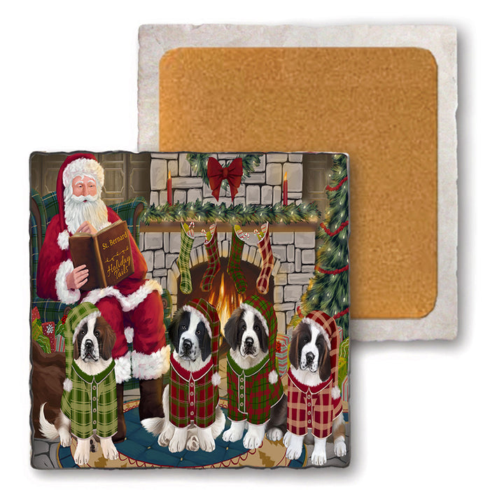 Christmas Cozy Holiday Tails Saint Bernards Dog Set of 4 Natural Stone Marble Tile Coasters MCST50383