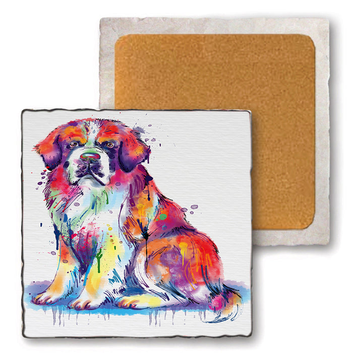 Watercolor Saint Bernard Dog Set of 4 Natural Stone Marble Tile Coasters MCST52099