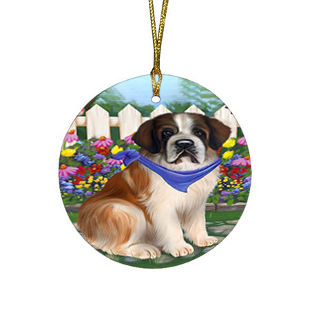 Spring Floral Saint Bernard Dog Round Flat Christmas Ornament RFPOR52136
