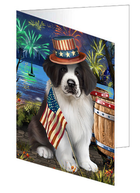 4th of July Independence Day Fireworks Saint Bernard Dog at the Lake Handmade Artwork Assorted Pets Greeting Cards and Note Cards with Envelopes for All Occasions and Holiday Seasons GCD57005