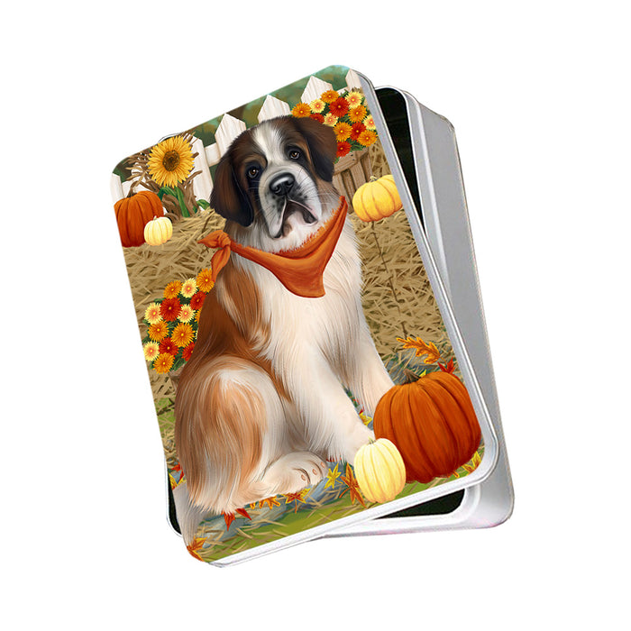 Fall Autumn Greeting Saint Bernard Dog with Pumpkins Photo Storage Tin PITN50846