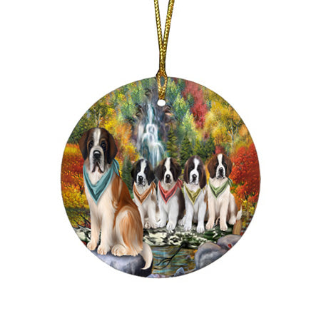 Scenic Waterfall Saint Bernards Dog Round Flat Christmas Ornament RFPOR49507