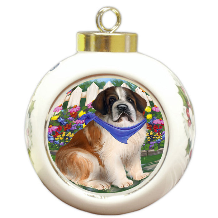 Spring Floral Saint Bernard Dog Round Ball Christmas Ornament RBPOR52145