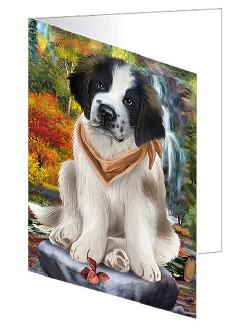Scenic Waterfall Saint Bernards Dog Handmade Artwork Assorted Pets Greeting Cards and Note Cards with Envelopes for All Occasions and Holiday Seasons GCD52478