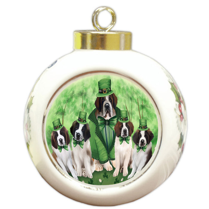 St. Patricks Day Irish Family Portrait Saint Bernards Dog Round Ball Christmas Ornament RBPOR49374