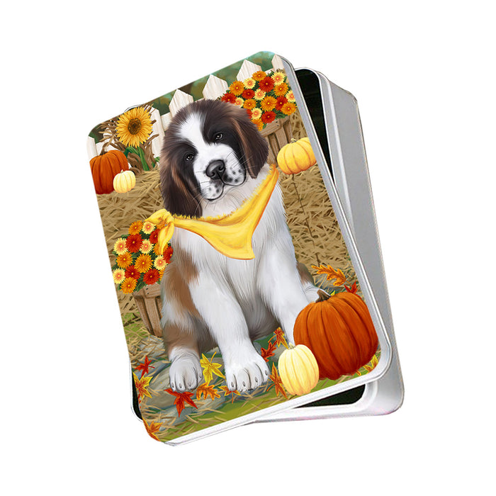 Fall Autumn Greeting Saint Bernard Dog with Pumpkins Photo Storage Tin PITN50847
