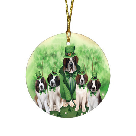 St. Patricks Day Irish Family Portrait Saint Bernards Dog Round Flat Christmas Ornament RFPOR49365