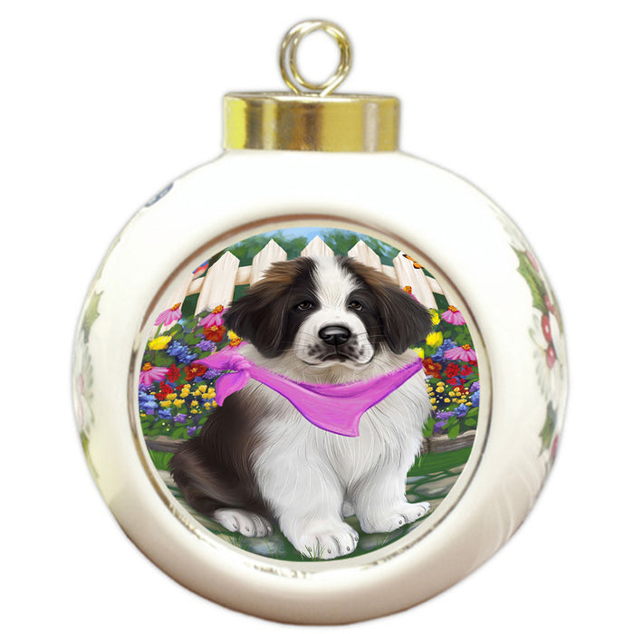 Spring Floral Saint Bernard Dog Round Ball Christmas Ornament RBPOR52146