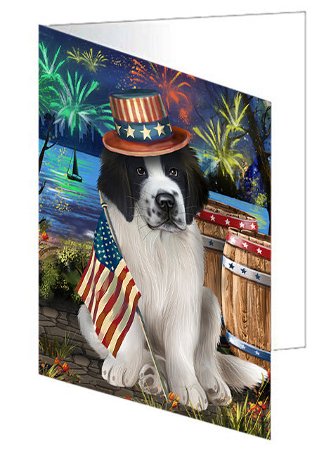4th of July Independence Day Fireworks Saint Bernard Dog at the Lake Handmade Artwork Assorted Pets Greeting Cards and Note Cards with Envelopes for All Occasions and Holiday Seasons GCD57008