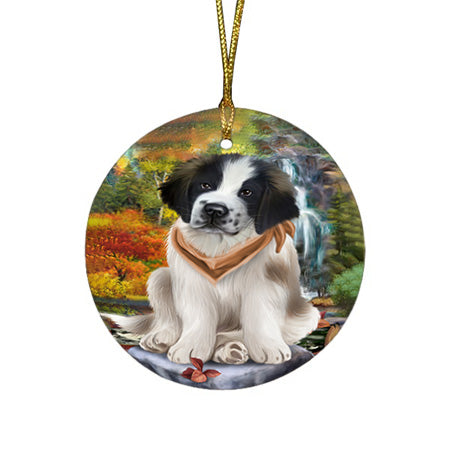 Scenic Waterfall Saint Bernard Dog Round Flat Christmas Ornament RFPOR49508