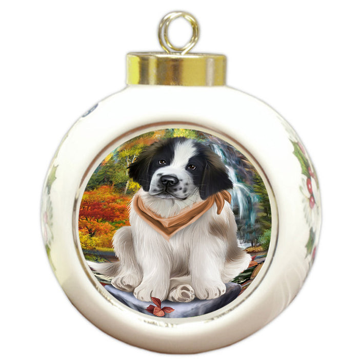 Scenic Waterfall Saint Bernard Dog Round Ball Christmas Ornament RBPOR49517