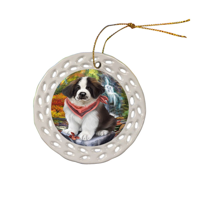 Scenic Waterfall Saint Bernard Dog Ceramic Doily Ornament DPOR49518