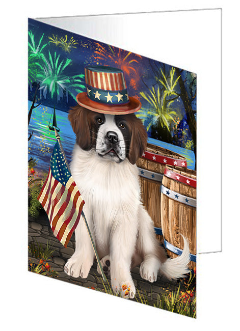 4th of July Independence Day Fireworks Saint Bernard Dog at the Lake Handmade Artwork Assorted Pets Greeting Cards and Note Cards with Envelopes for All Occasions and Holiday Seasons GCD57011