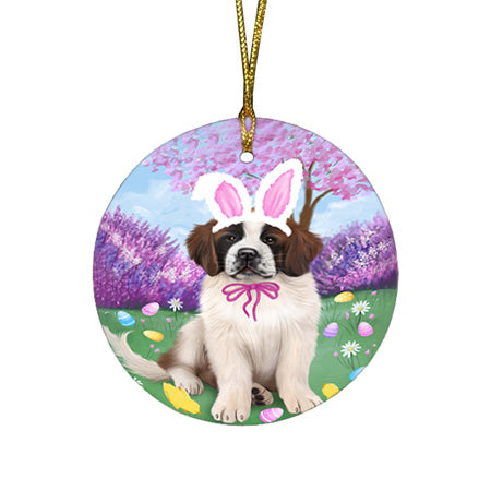 Saint Bernard Dog Easter Holiday Round Flat Christmas Ornament RFPOR49232