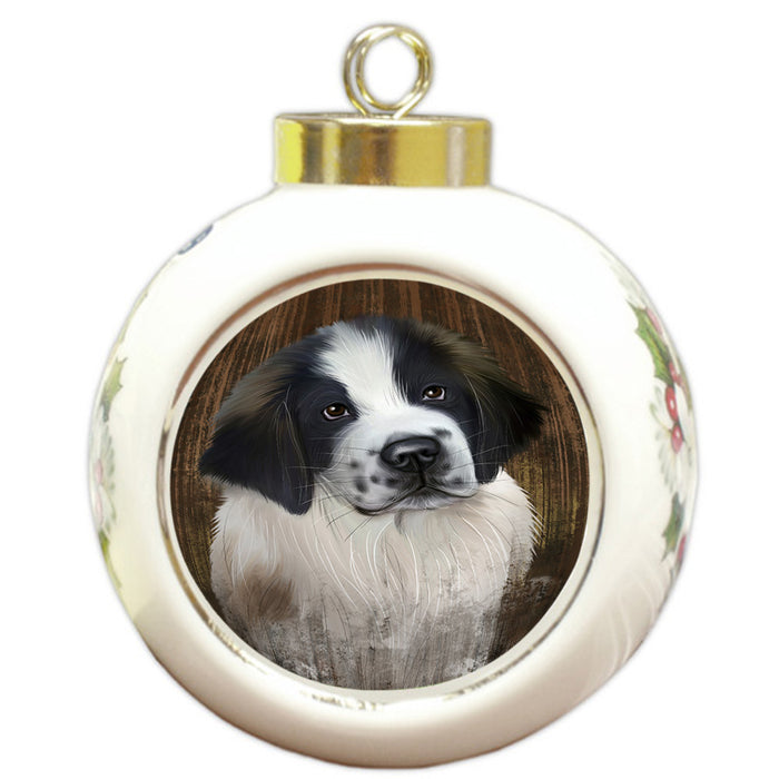 Rustic Saint Bernard Dog Round Ball Christmas Ornament RBPOR50467