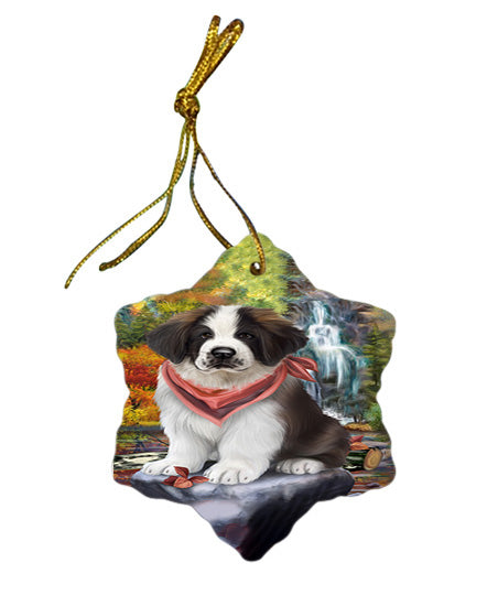 Scenic Waterfall Saint Bernard Dog Star Porcelain Ornament SPOR49510
