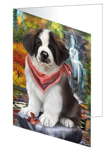 Scenic Waterfall Saint Bernard Dog Handmade Artwork Assorted Pets Greeting Cards and Note Cards with Envelopes for All Occasions and Holiday Seasons GCD52481