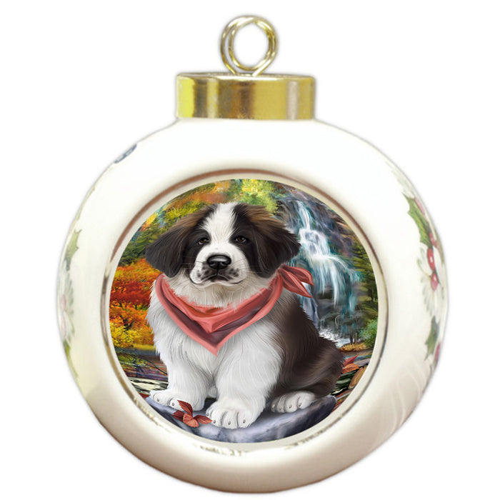 Scenic Waterfall Saint Bernard Dog Round Ball Christmas Ornament RBPOR49518