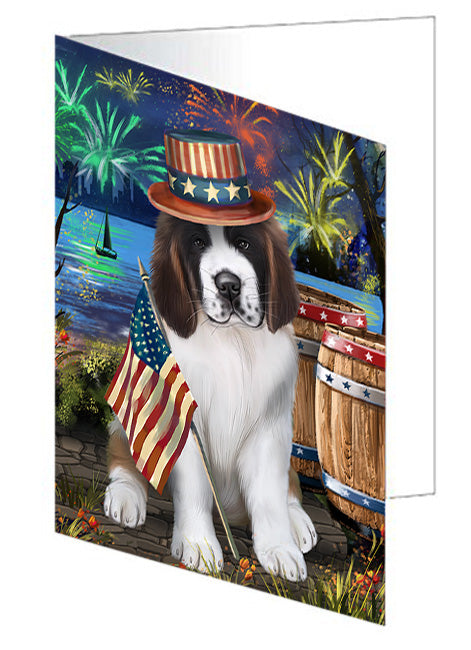 4th of July Independence Day Fireworks Saint Bernard Dog at the Lake Handmade Artwork Assorted Pets Greeting Cards and Note Cards with Envelopes for All Occasions and Holiday Seasons GCD57014
