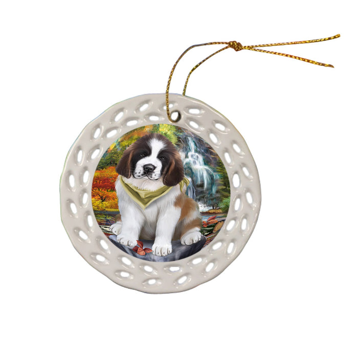 Scenic Waterfall Saint Bernard Dog Ceramic Doily Ornament DPOR49519