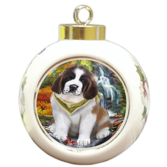 Scenic Waterfall Saint Bernard Dog Round Ball Christmas Ornament RBPOR49519