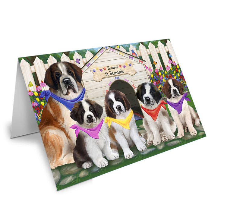 Spring Dog House Saint Bernards Dog Handmade Artwork Assorted Pets Greeting Cards and Note Cards with Envelopes for All Occasions and Holiday Seasons GCD54404