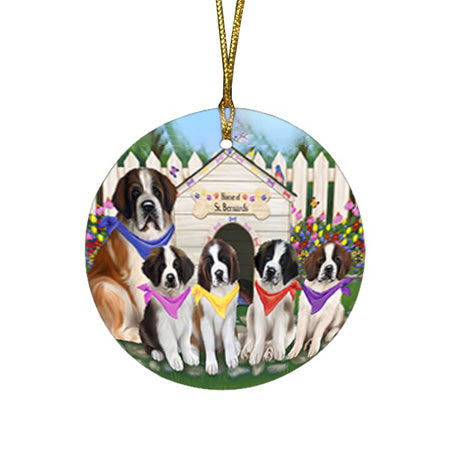 Spring Dog House Saint Bernards Dog Round Flat Christmas Ornament RFPOR50116