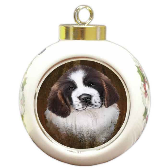 Rustic Saint Bernard Dog Round Ball Christmas Ornament RBPOR50469