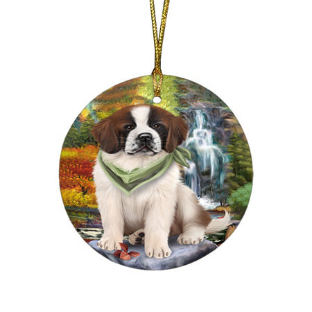 Scenic Waterfall Saint Bernard Dog Round Flat Christmas Ornament RFPOR49511