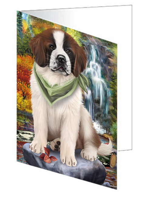 Scenic Waterfall Saint Bernard Dog Handmade Artwork Assorted Pets Greeting Cards and Note Cards with Envelopes for All Occasions and Holiday Seasons GCD52487