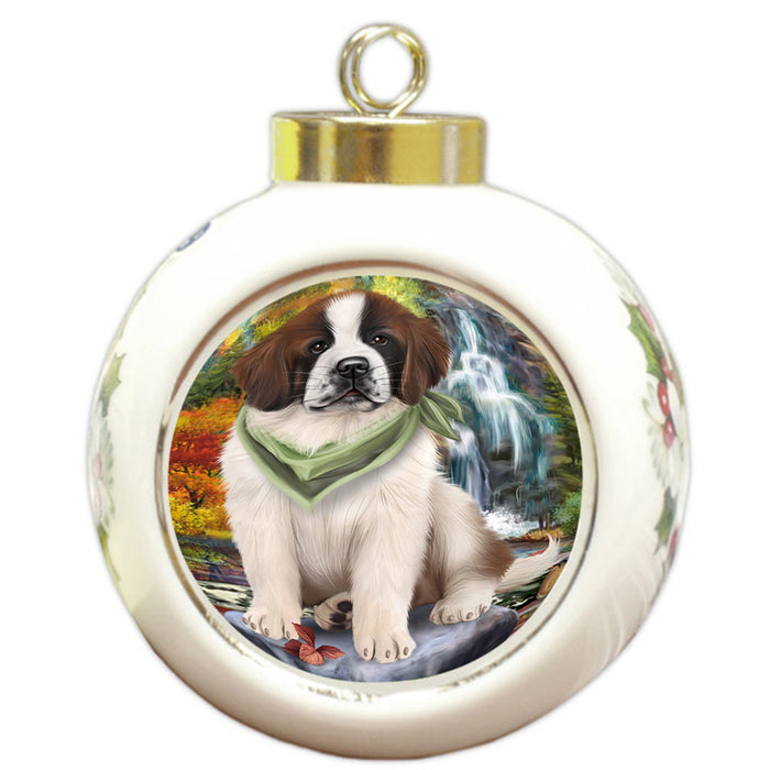 Scenic Waterfall Saint Bernard Dog Round Ball Christmas Ornament RBPOR49520