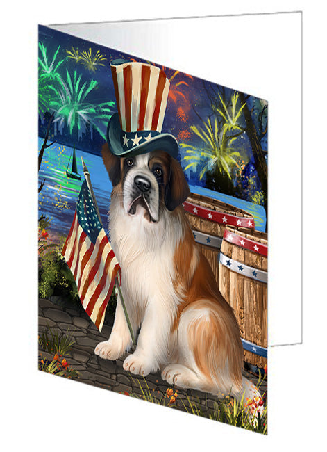 4th of July Independence Day Fireworks Saint Bernard Dog at the Lake Handmade Artwork Assorted Pets Greeting Cards and Note Cards with Envelopes for All Occasions and Holiday Seasons GCD57017