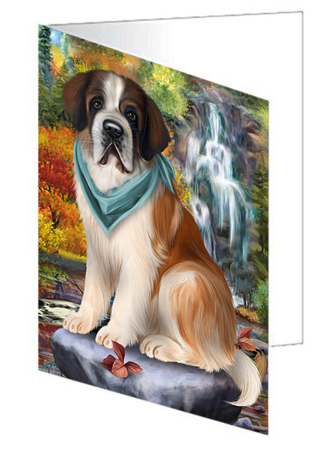 Scenic Waterfall Saint Bernard Dog Handmade Artwork Assorted Pets Greeting Cards and Note Cards with Envelopes for All Occasions and Holiday Seasons GCD52490