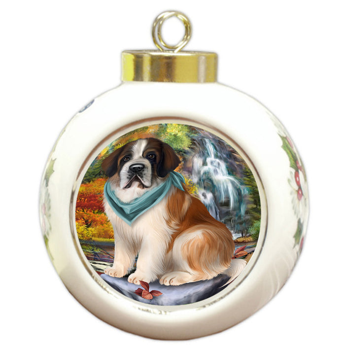 Scenic Waterfall Saint Bernard Dog Round Ball Christmas Ornament RBPOR49521