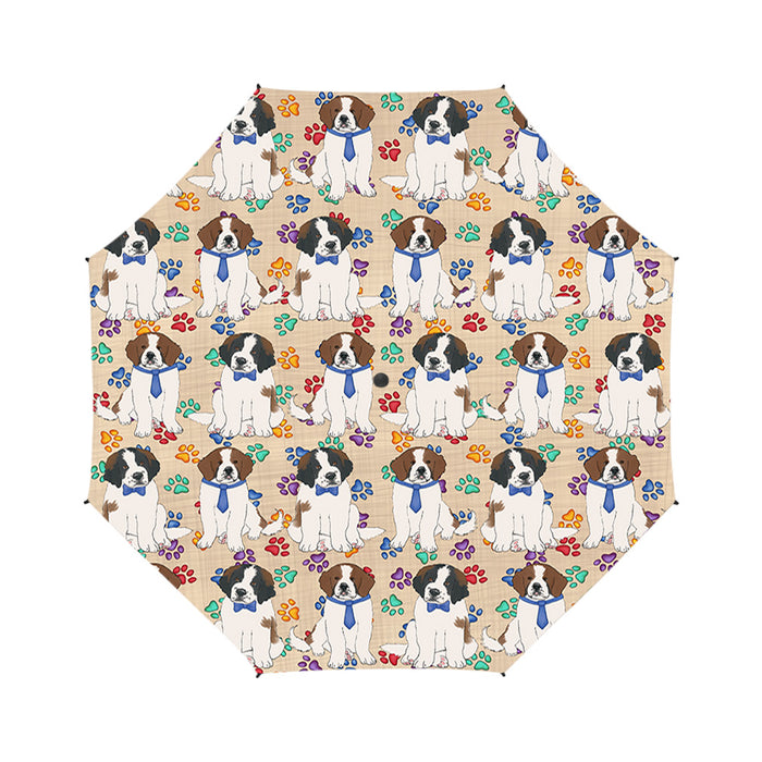 Rainbow Paw Print Saint Bernard Dogs Blue Semi-Automatic Foldable Umbrella