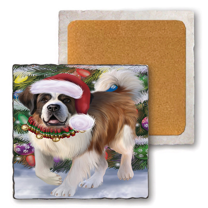 Trotting in the Snow Saint Bernard Dog Set of 4 Natural Stone Marble Tile Coasters MCST51665