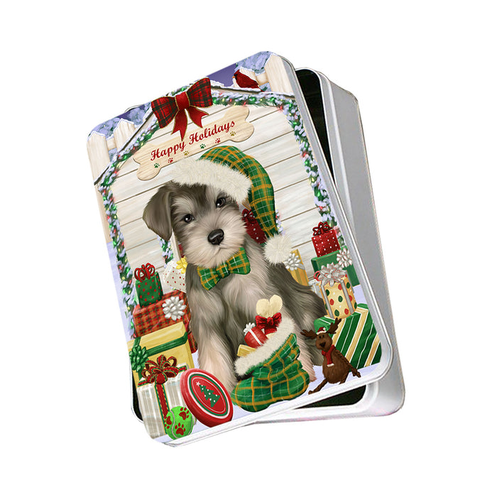 Happy Holidays Christmas Saint Bernard Dog House With Presents Photo Storage Tin PITN51484