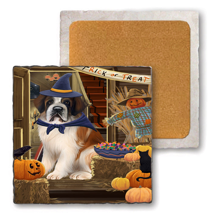 Enter at Own Risk Trick or Treat Halloween Saint Bernard Dog Set of 4 Natural Stone Marble Tile Coasters MCST48254