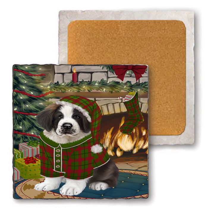 The Stocking was Hung Saint Bernard Dog Set of 4 Natural Stone Marble Tile Coasters MCST50590