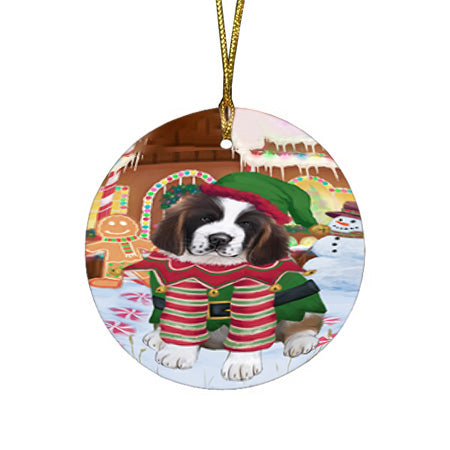 Christmas Gingerbread House Candyfest Saint Bernard Dog Round Flat Christmas Ornament RFPOR56880