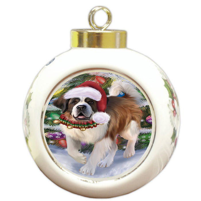 Trotting in the Snow Saint Bernard Dog Round Ball Christmas Ornament RBPOR57021